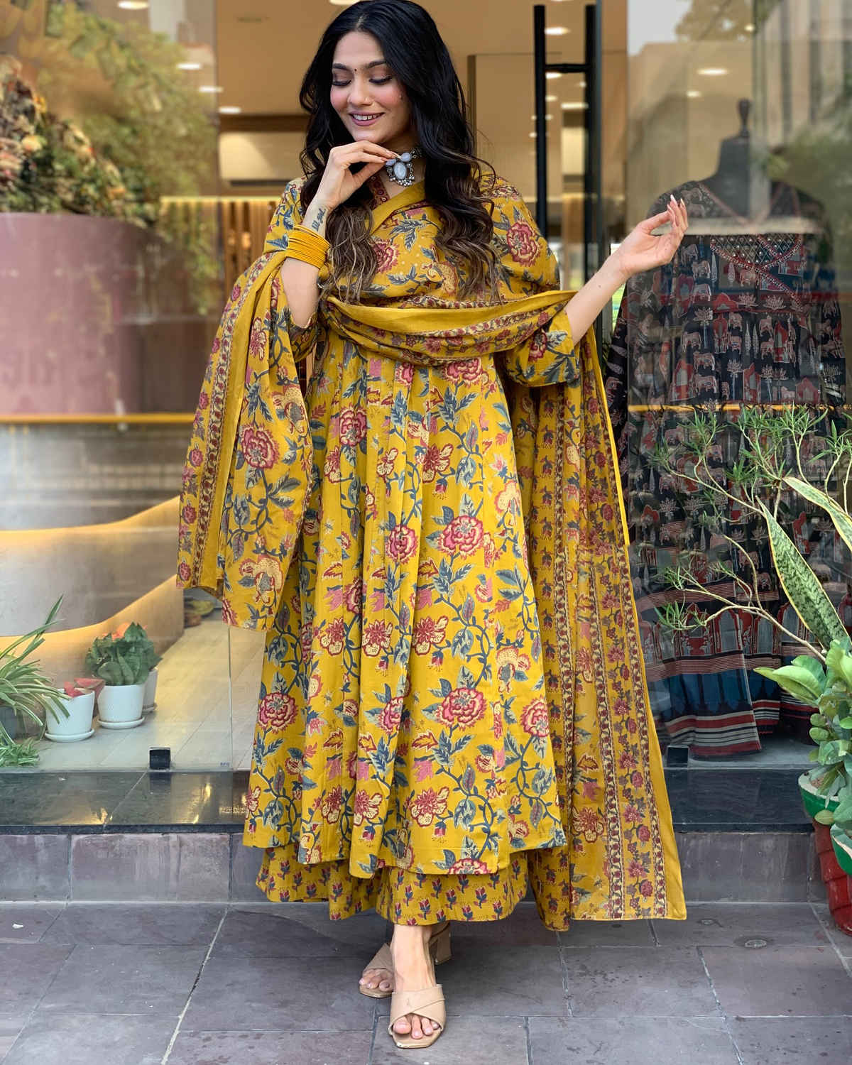 GoSriKi Women's Rayon Blend Anarkali Printed Kurta with Palazzo & Dupatta | CIA | Yellow - S