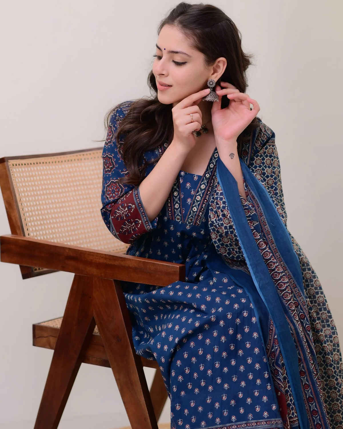 GoSriKi Women's Viscose Rayon Anarkali Printed Kurta with Pant & Dupatta | NAKULA | Blue - S