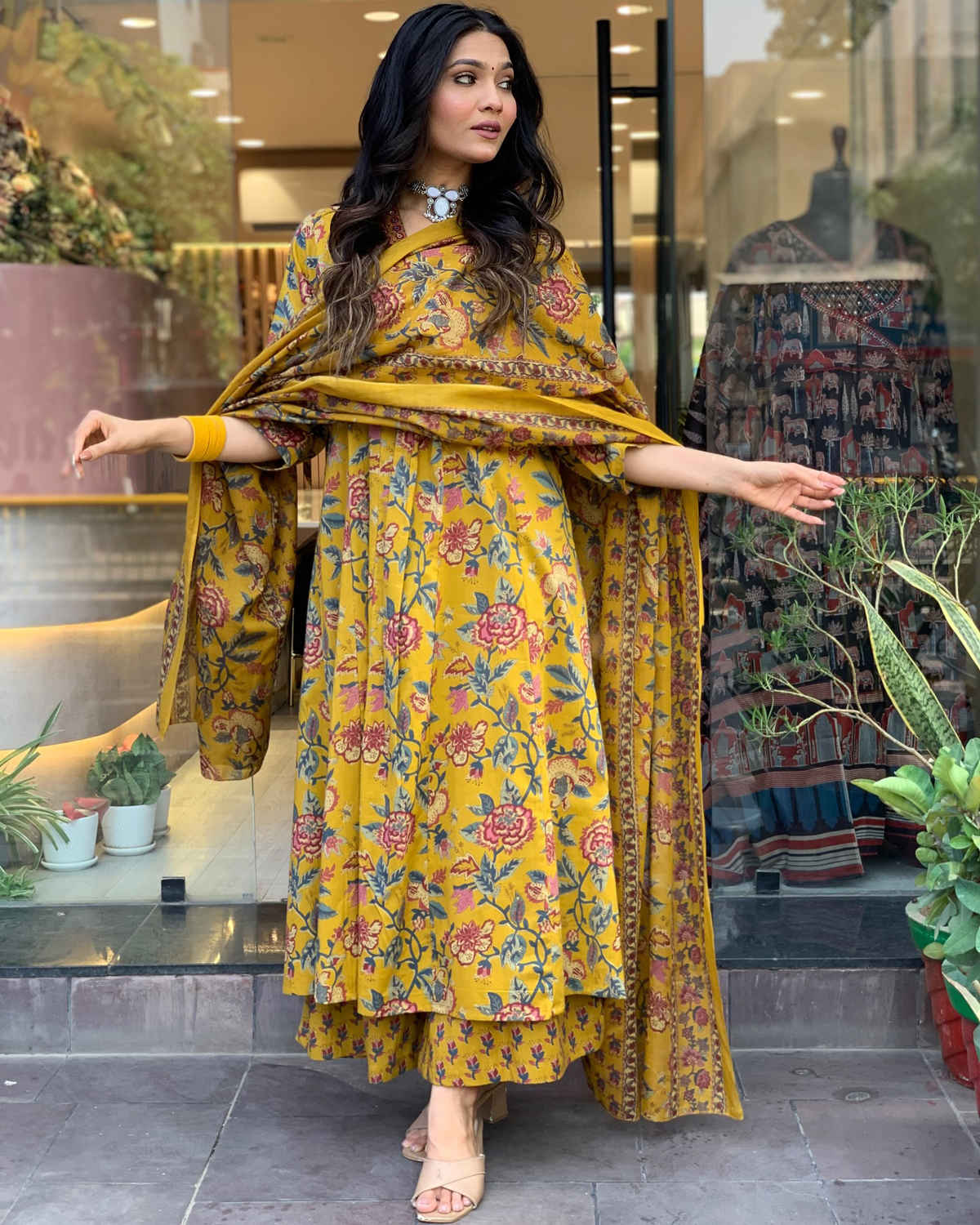 GoSriKi Women's Rayon Blend Anarkali Printed Kurta with Palazzo & Dupatta | CIA | Yellow - S