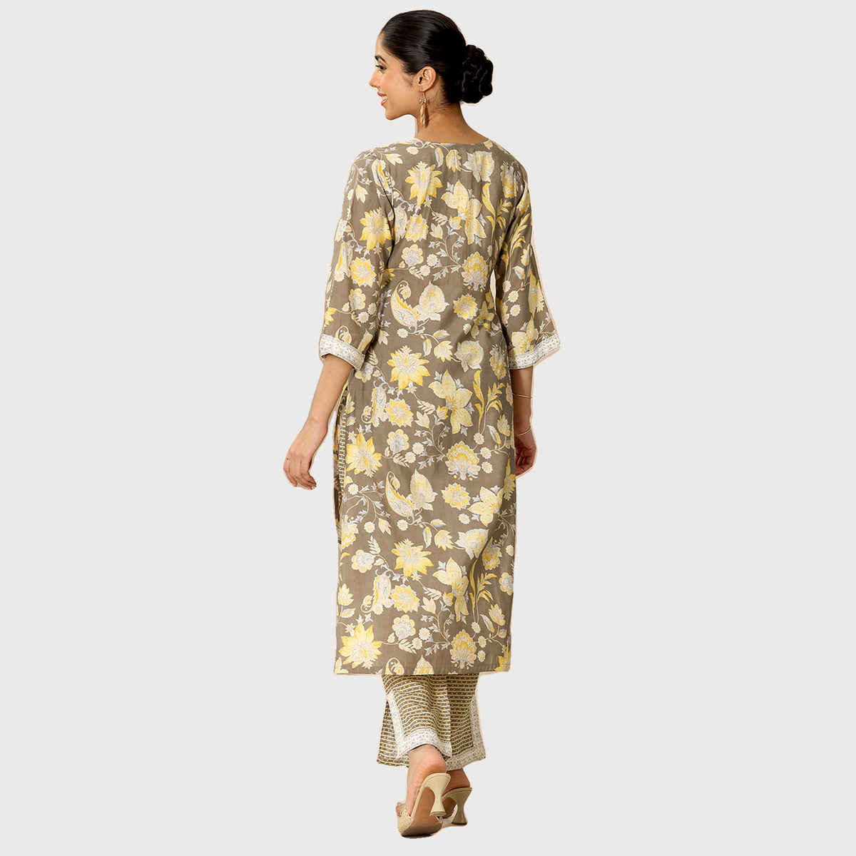 Libas Women's Printed Silk Blend Straight Kurta Set | Grey - M