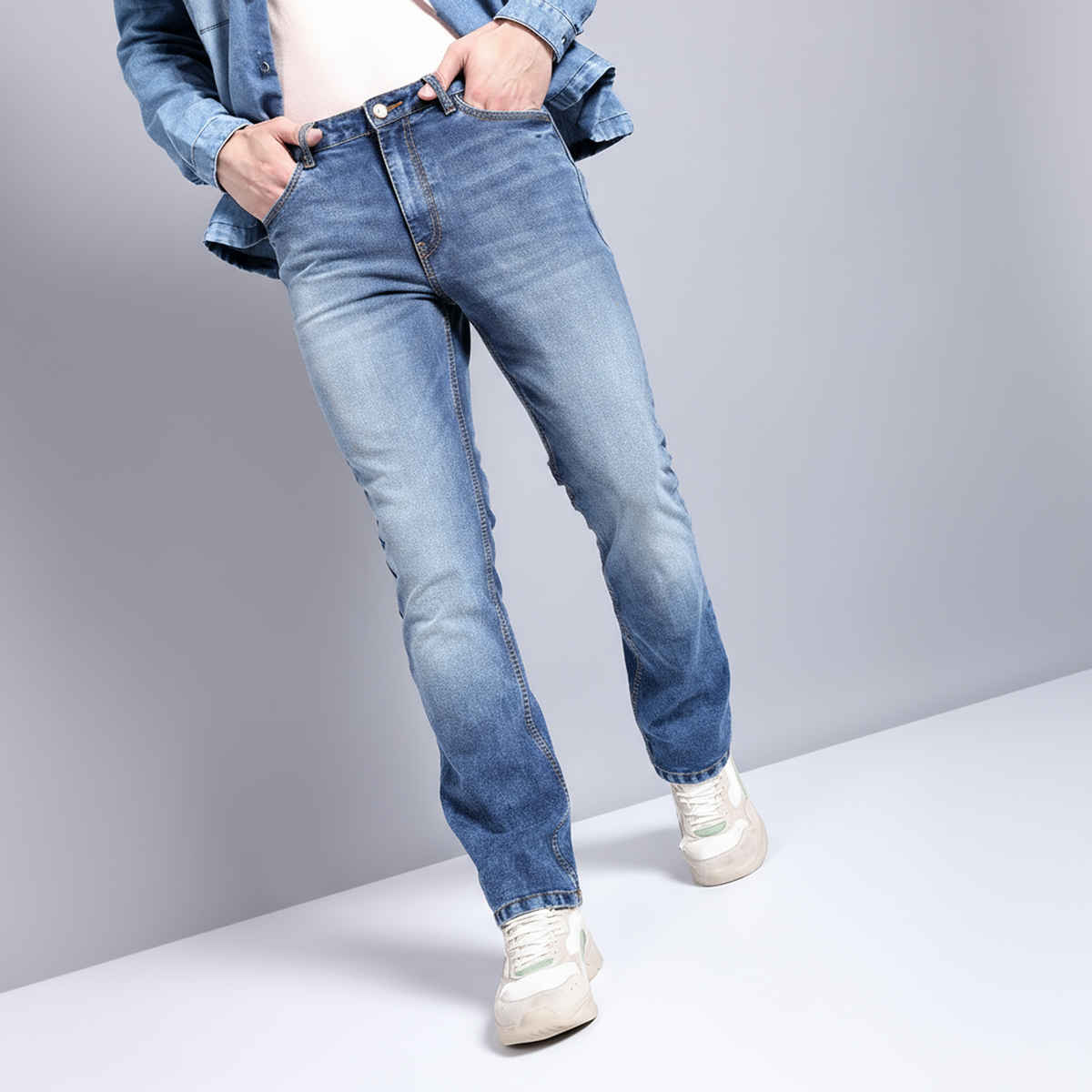 The Indian Garage Co Bootcut Solid Casual Jeans | Blue - 30