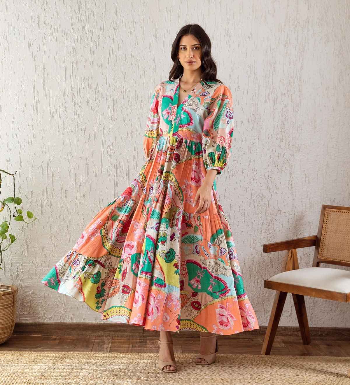 Sheetal Associates Women's Floral Printed Fit and Flare V Neck Maxi Dress | 12085 | Multicolor - M