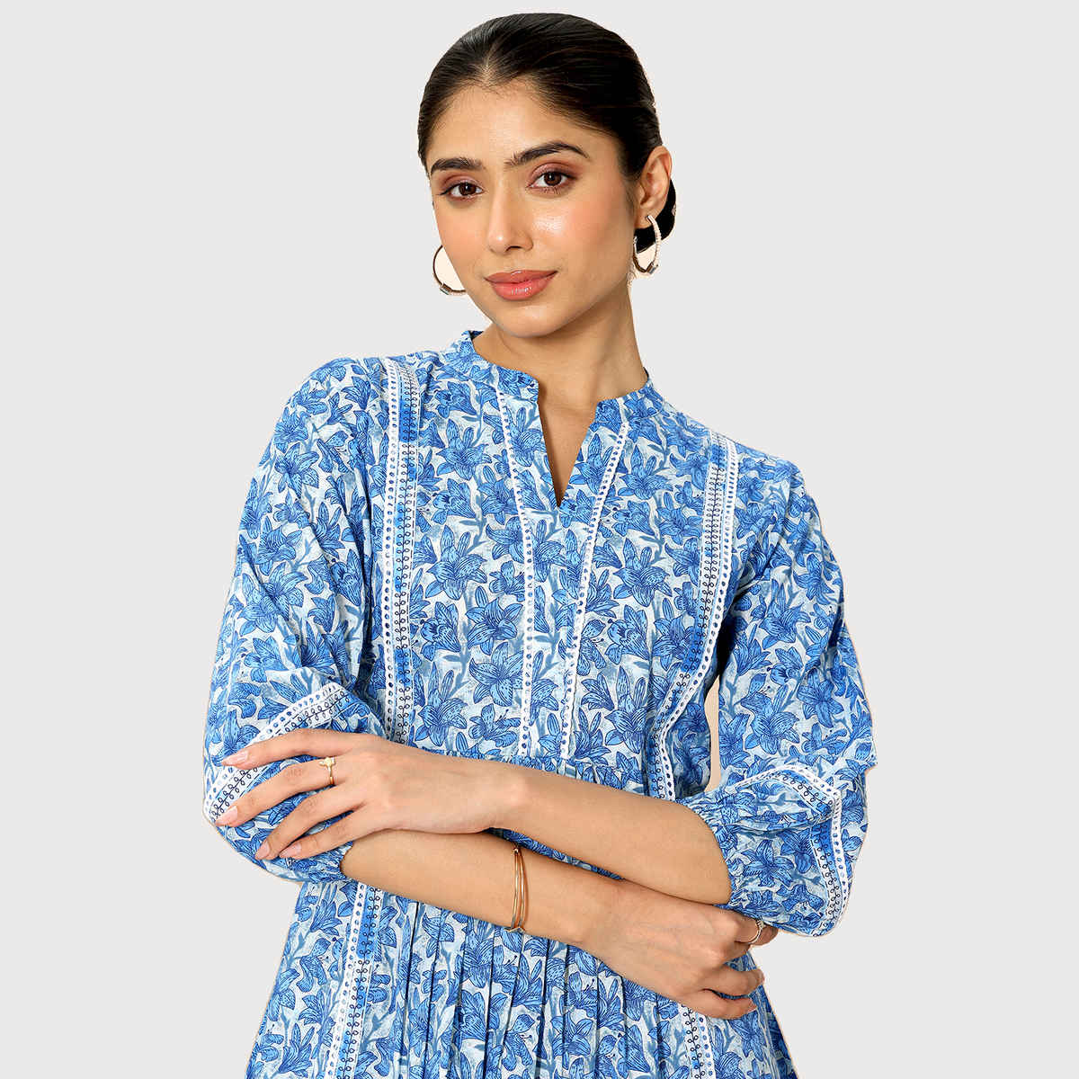 Libas Women's Printed Cotton A-line Short Kurti | Indigo - M