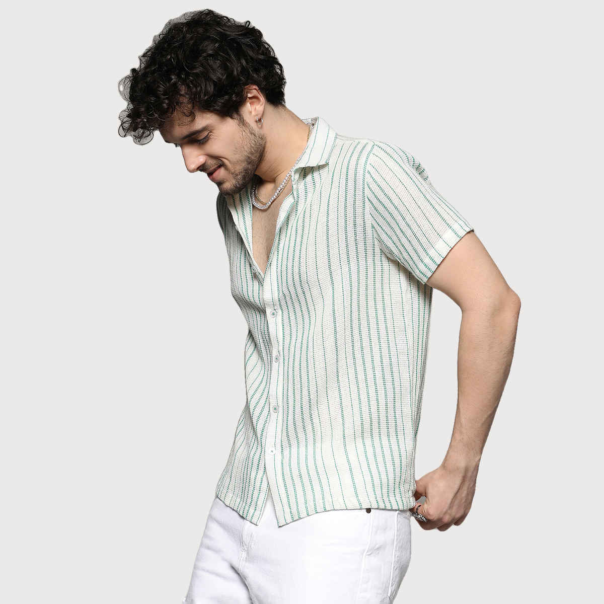 Campus Sutra Men's Unbalanced Striped Woven Shirt | White - M