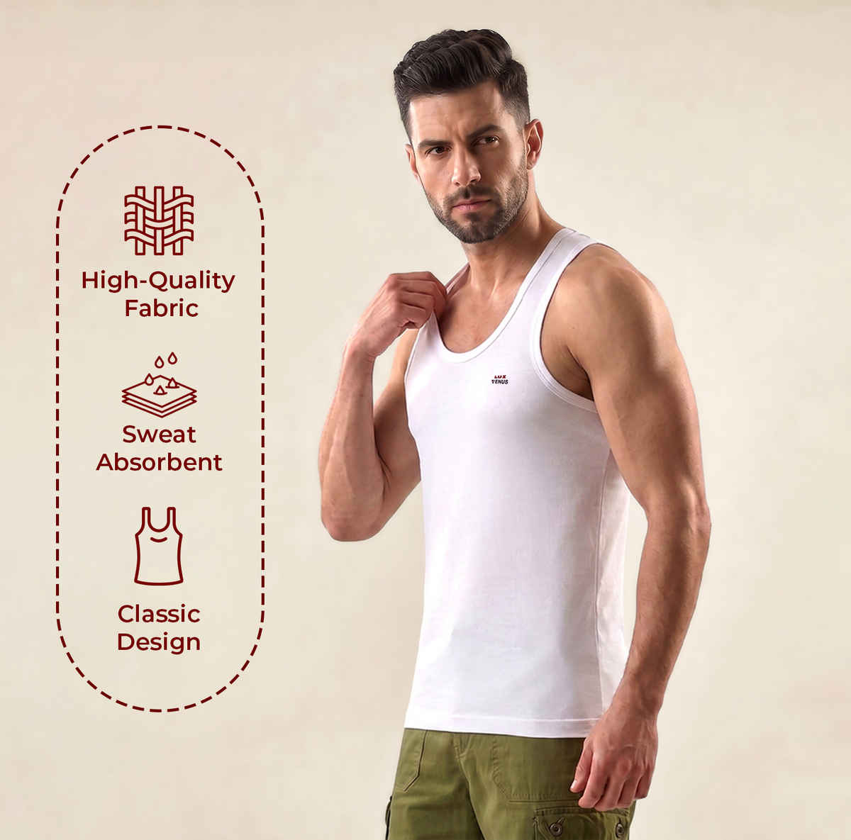 Lux Venus Super Combed Cotton Solid White Vest for Men's | L | 90 cm