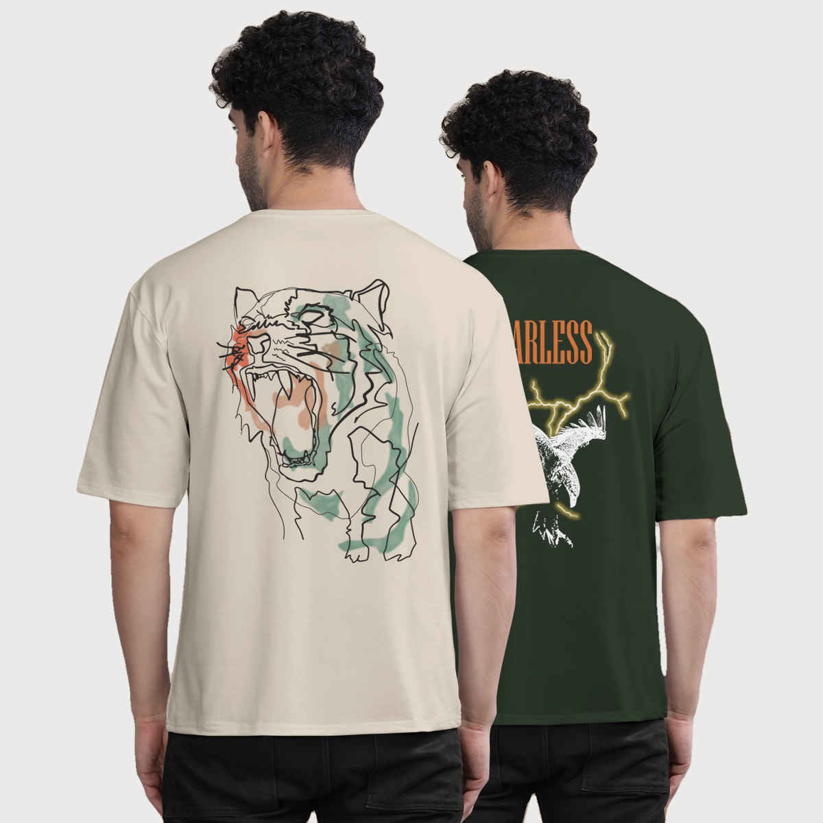 Bullmer Men's Oversized T-shirt Front and Back Printed | Chalk, Olive | XL