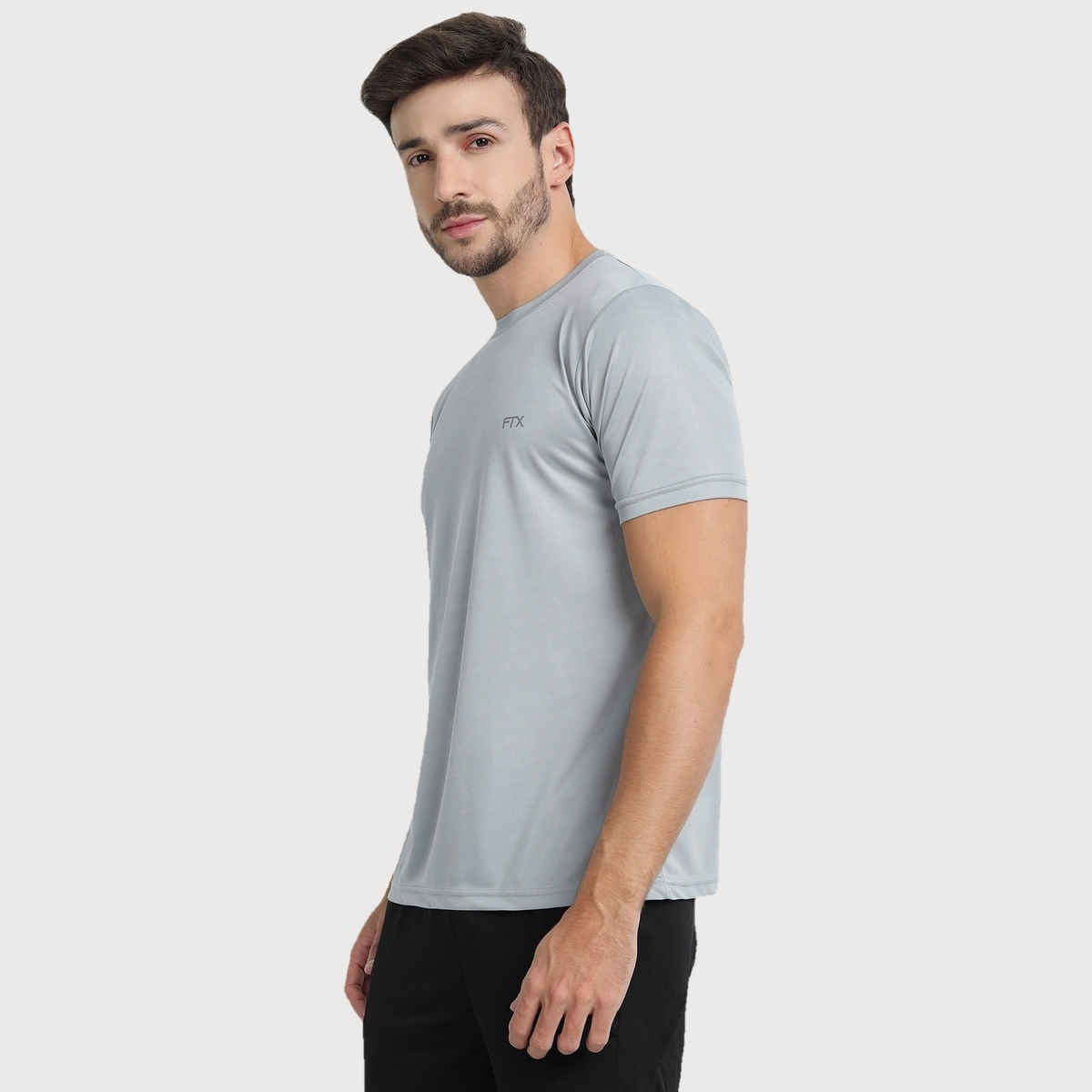 Ftx Men's Solid Round Neck Polyester Half Sleeve Casual T-shirt | Light Grey | M
