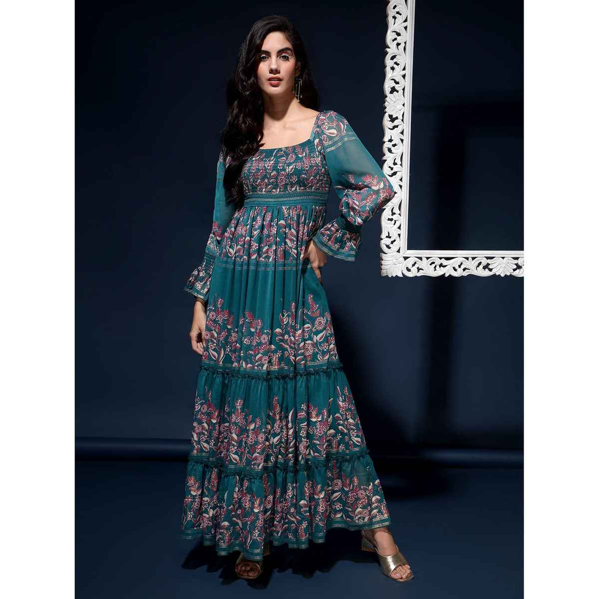Wyshlist Women's Maxi Dress Bottled Blossoms Floral Chiffon | Bottle Green - S