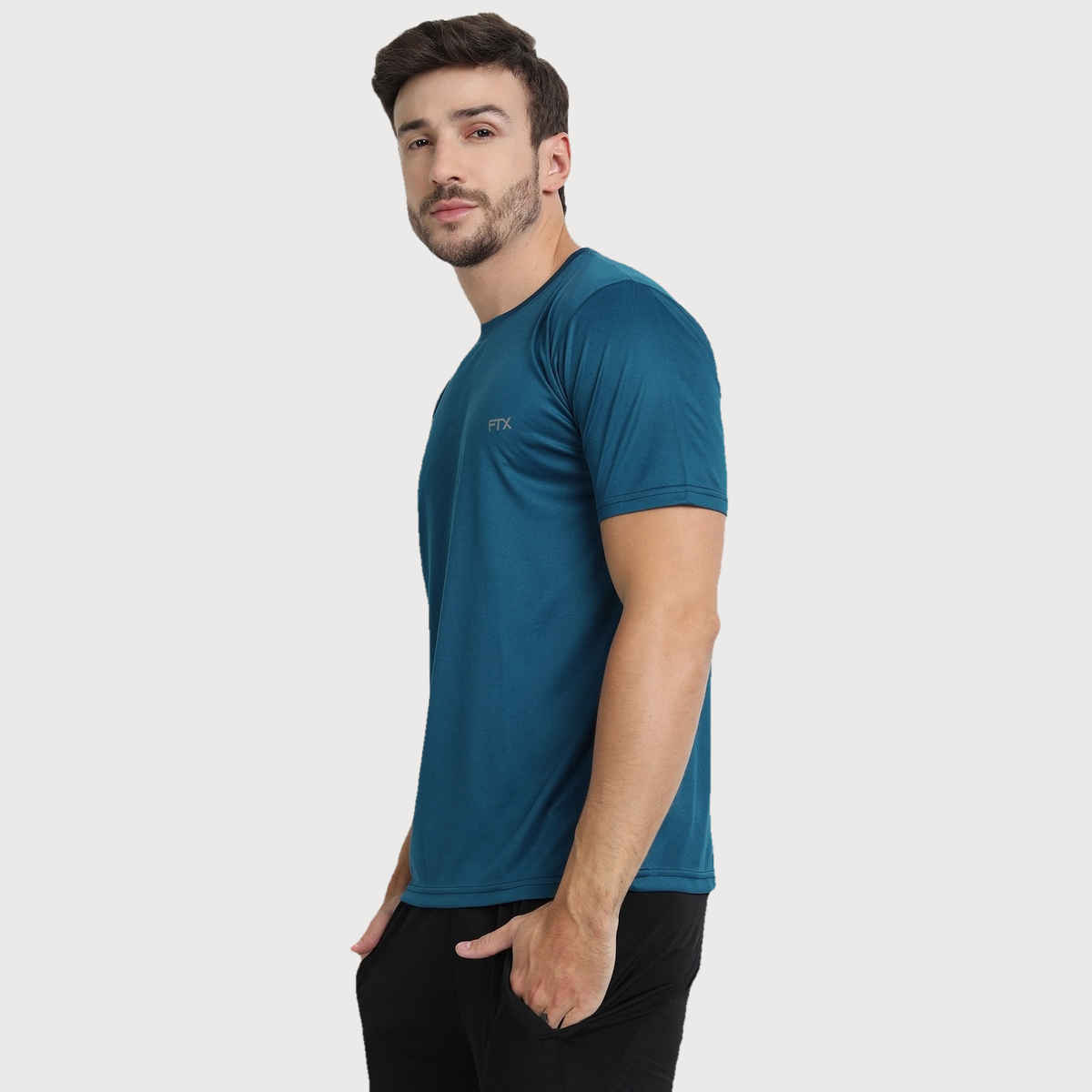 Ftx Men's Solid Round Neck Polyester Half Sleeve Casual T-shirt | Blue | S