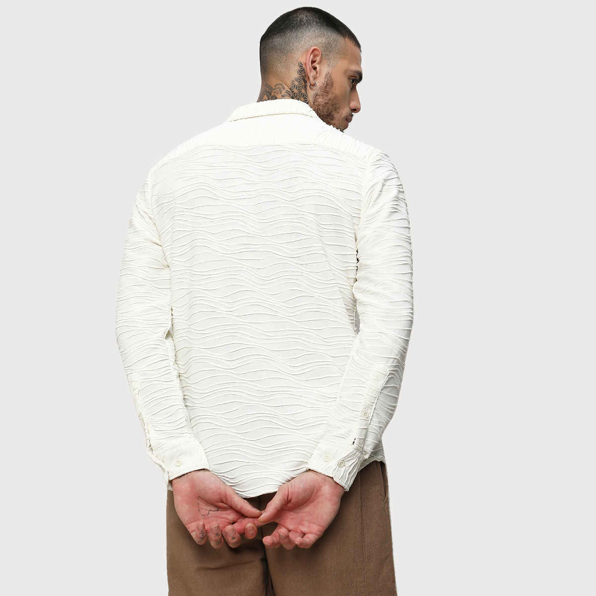 Campus Sutra Men's Self - Design Wave Shirt | White - L