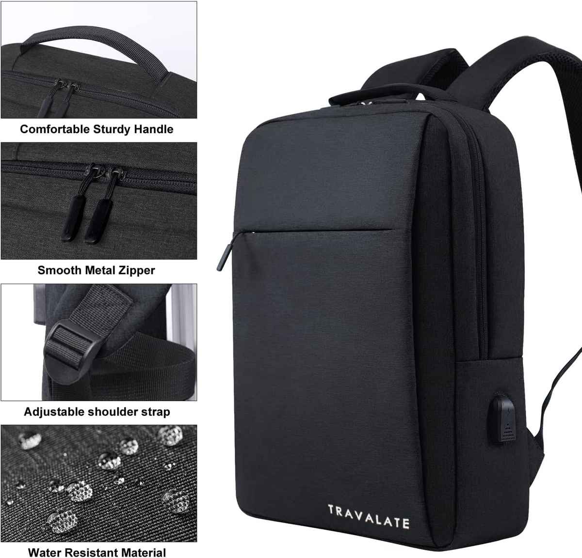 TRAVALATE Laptop Backpack with USB Charging Port | Black