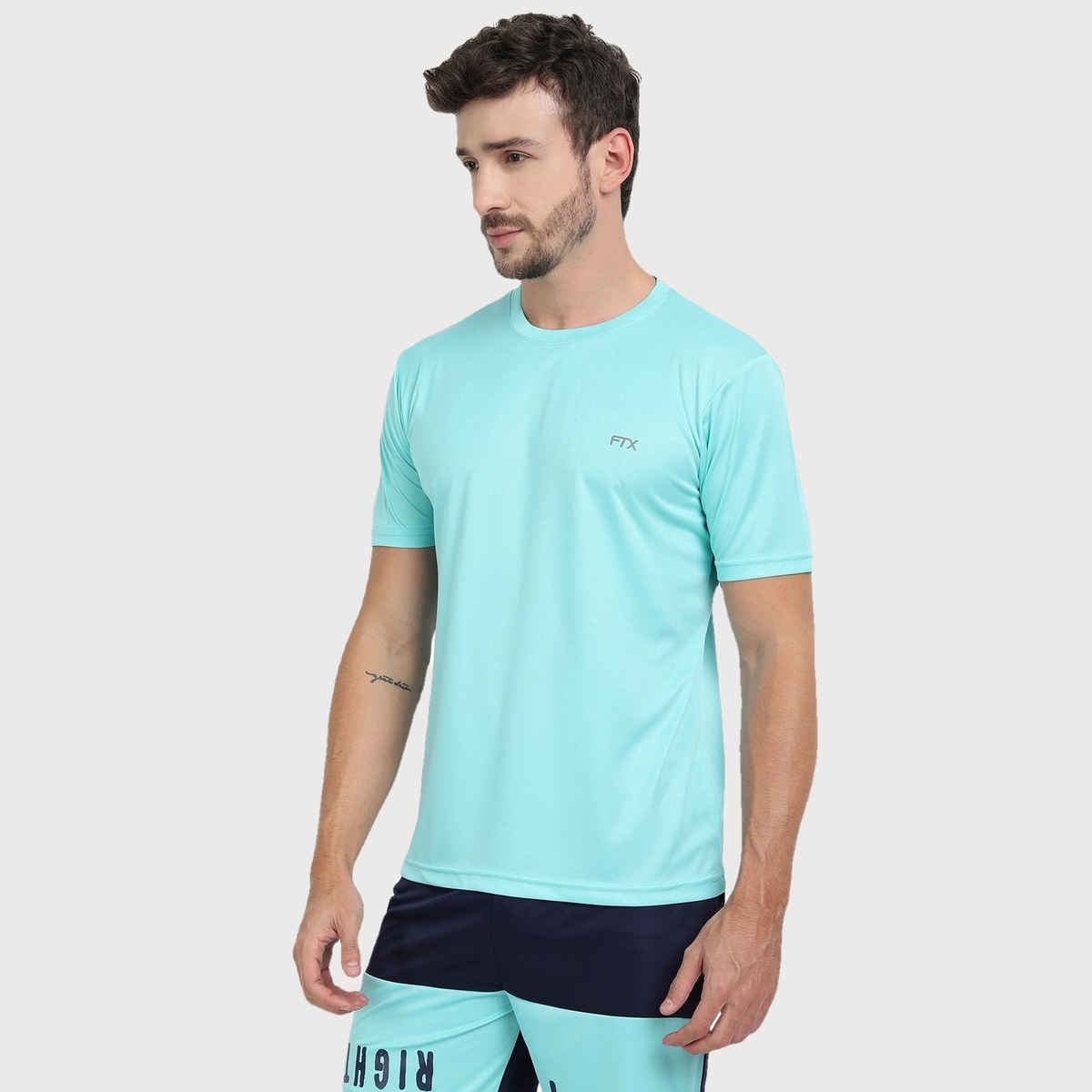 Ftx Men's Solid Round Neck Polyester Half Sleeve Casual T-shirt | Aqua | S