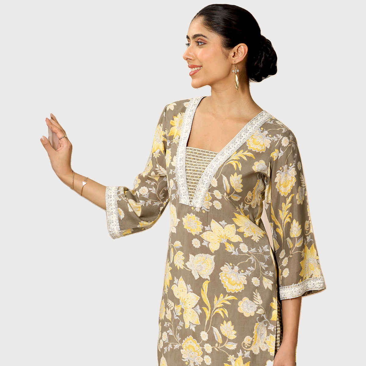 Libas Women's Printed Silk Blend Straight Kurta Set | Grey - M