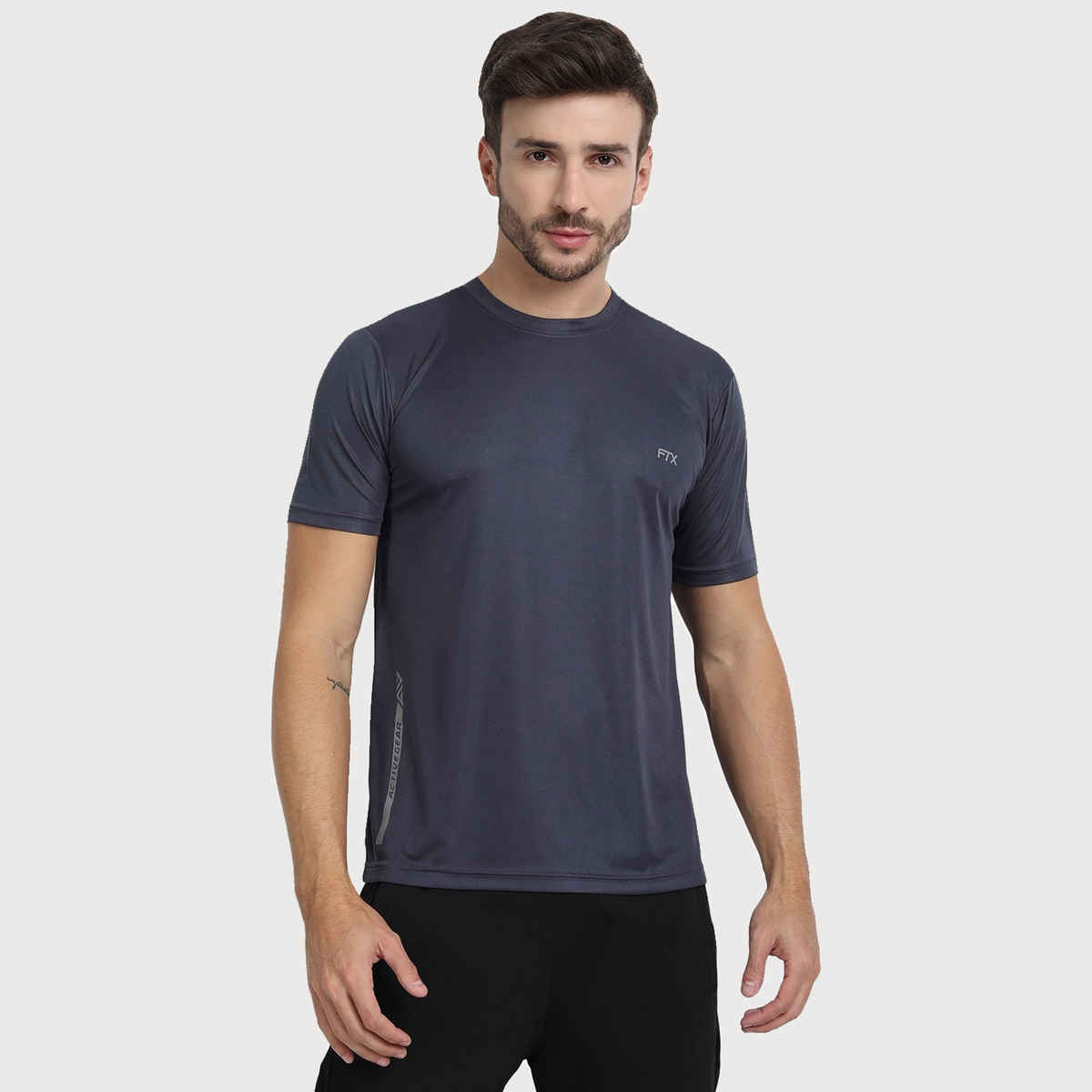 Ftx Men's Solid Round Neck Polyester Half Sleeve Casual T-shirt | Steel Grey | XL
