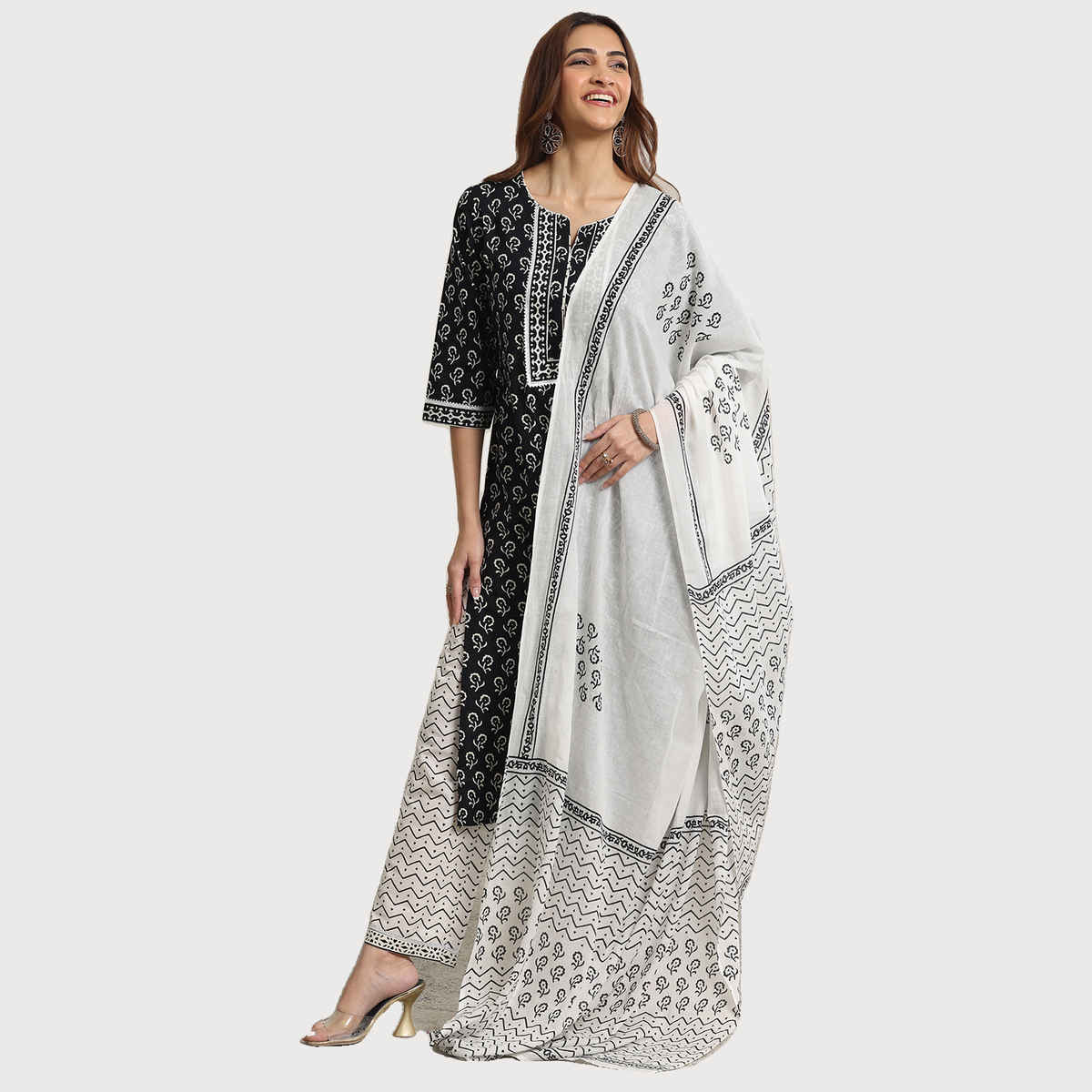 Libas Women's Printed Cotton Straight Suit Set with Dupatta | Black - M
