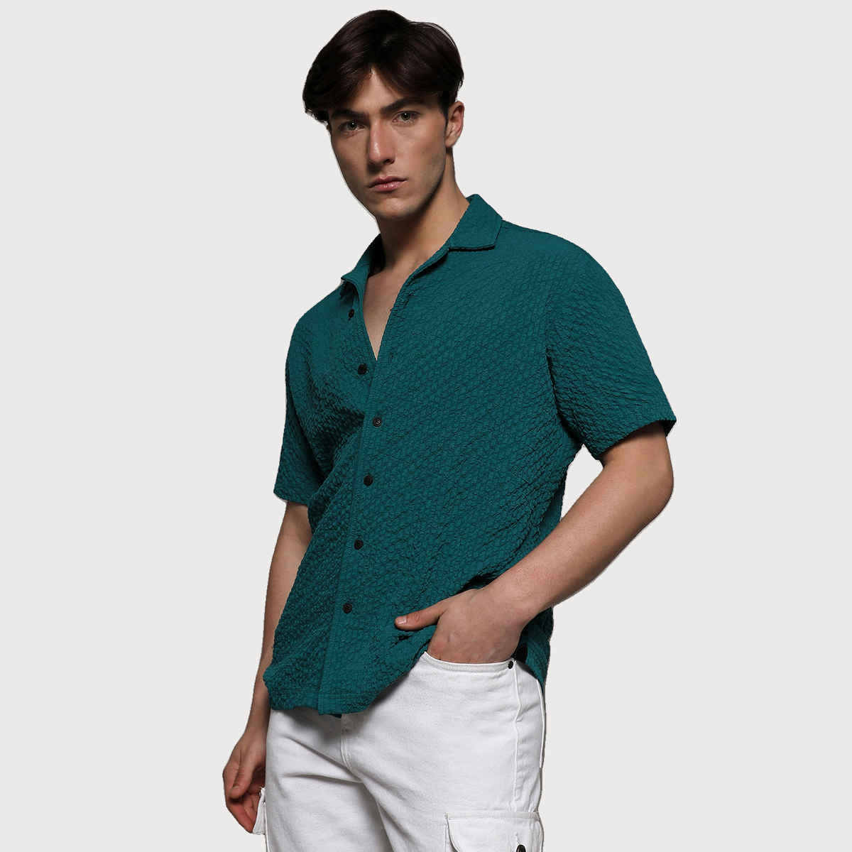 Campus Sutra Men's Creased Striped Shirt | Green - L