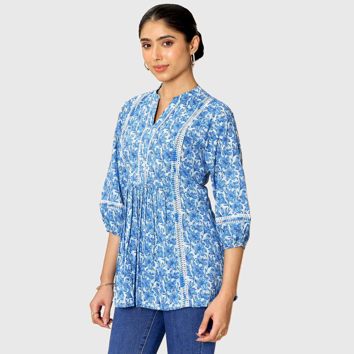 Libas Women's Printed Cotton A-line Short Kurti | Indigo - M