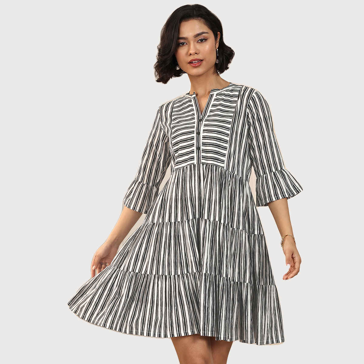 Libas Women's Printed Cotton Fit and Flare One Piece Dress | Black - S