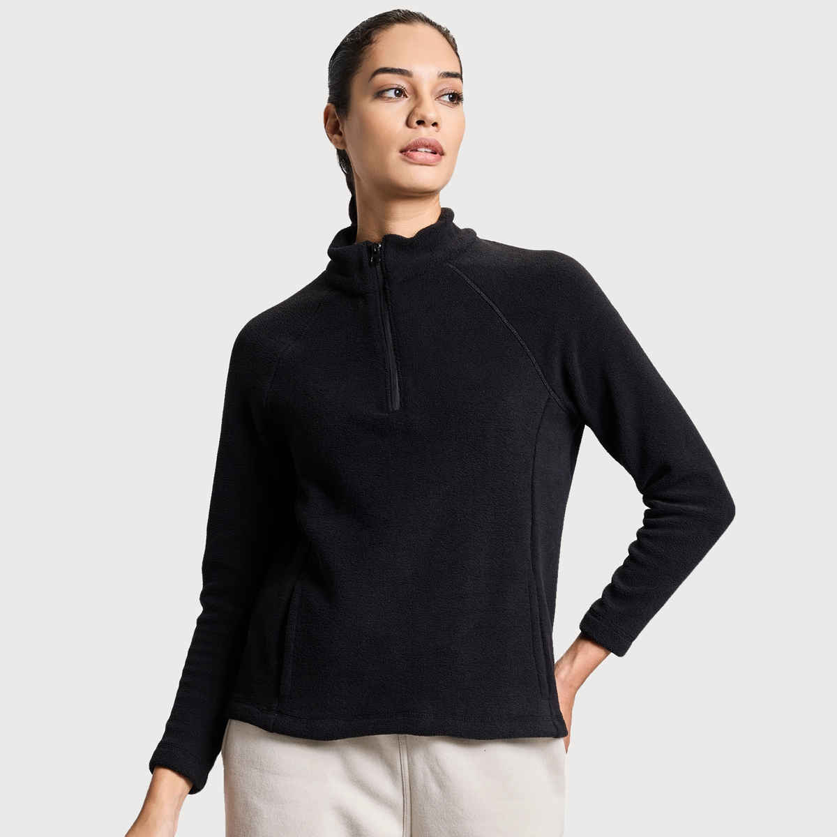 Boldfit Women's Sweatshirt Half Zipper Light Fleece Thermal Pullover | Aero Black - S
