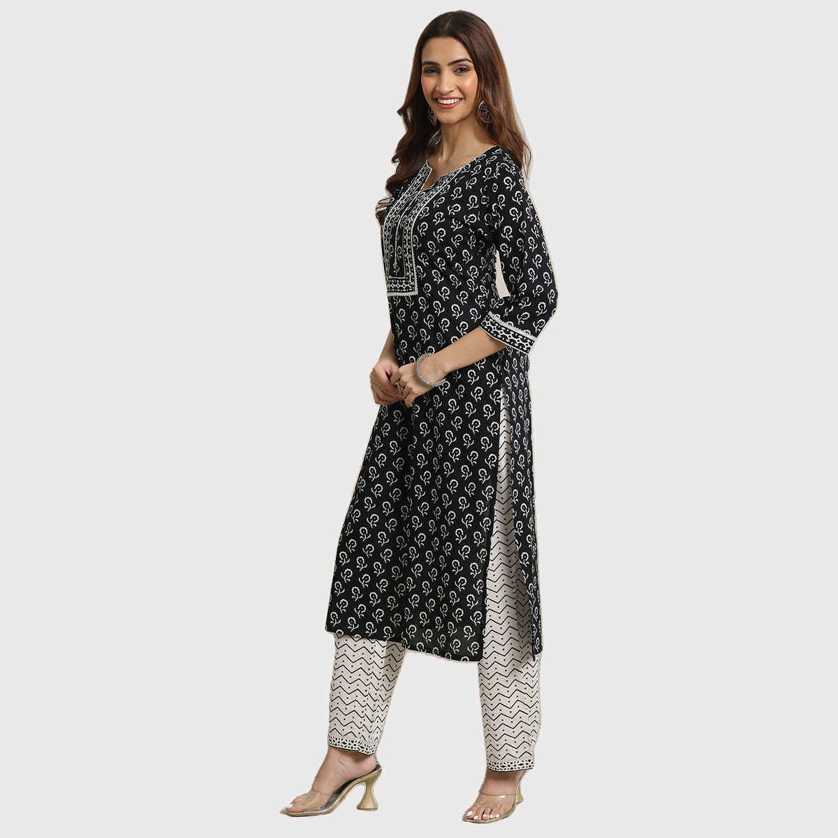 Libas Women's Printed Cotton Straight Suit Set with Dupatta | Black - M