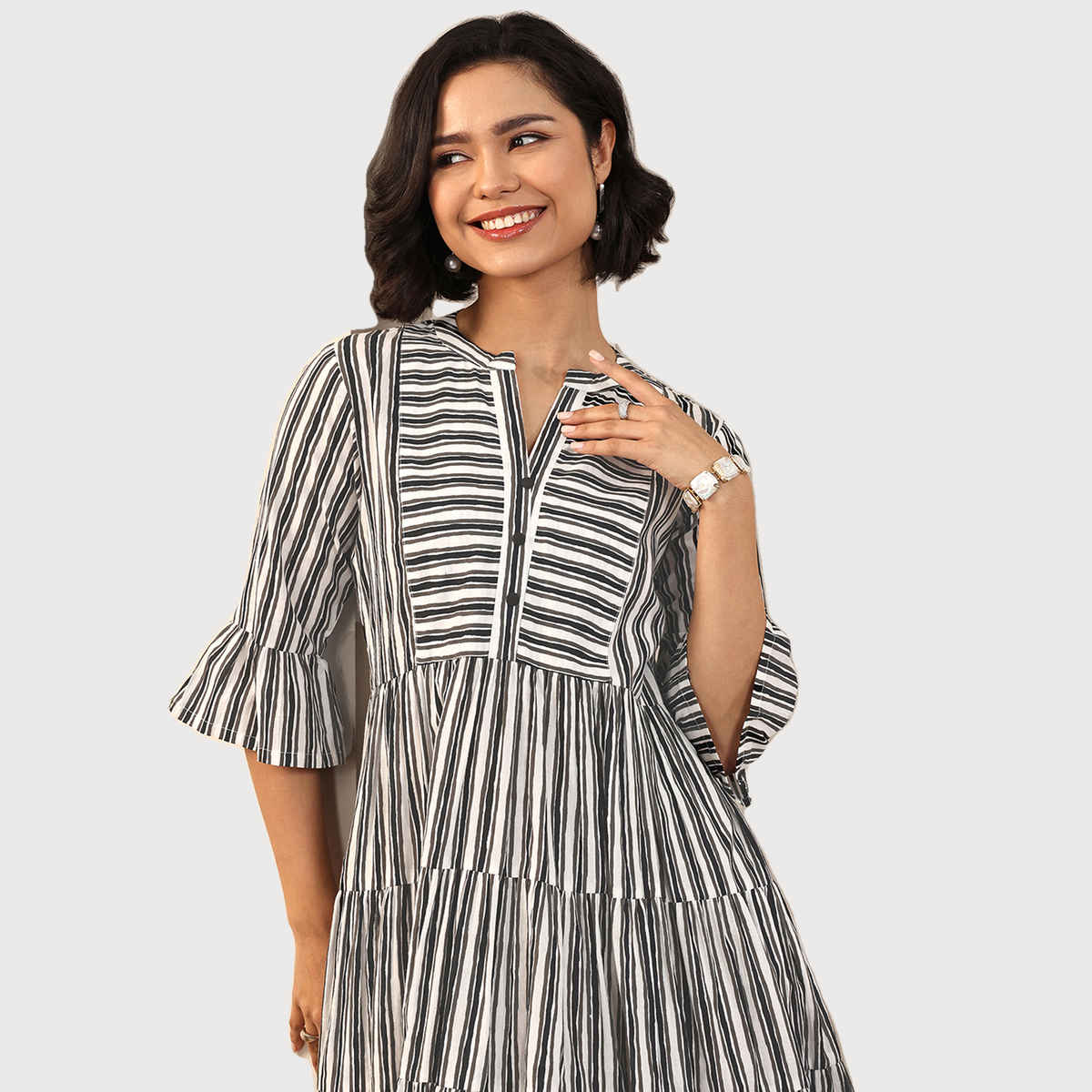 Libas Women's Printed Cotton Fit and Flare One Piece Dress | Black - M
