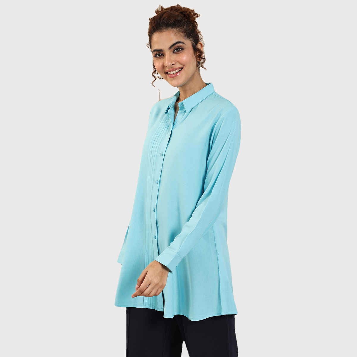Libas Women's Solid Rayon Straight Short Kurti | Blue - M