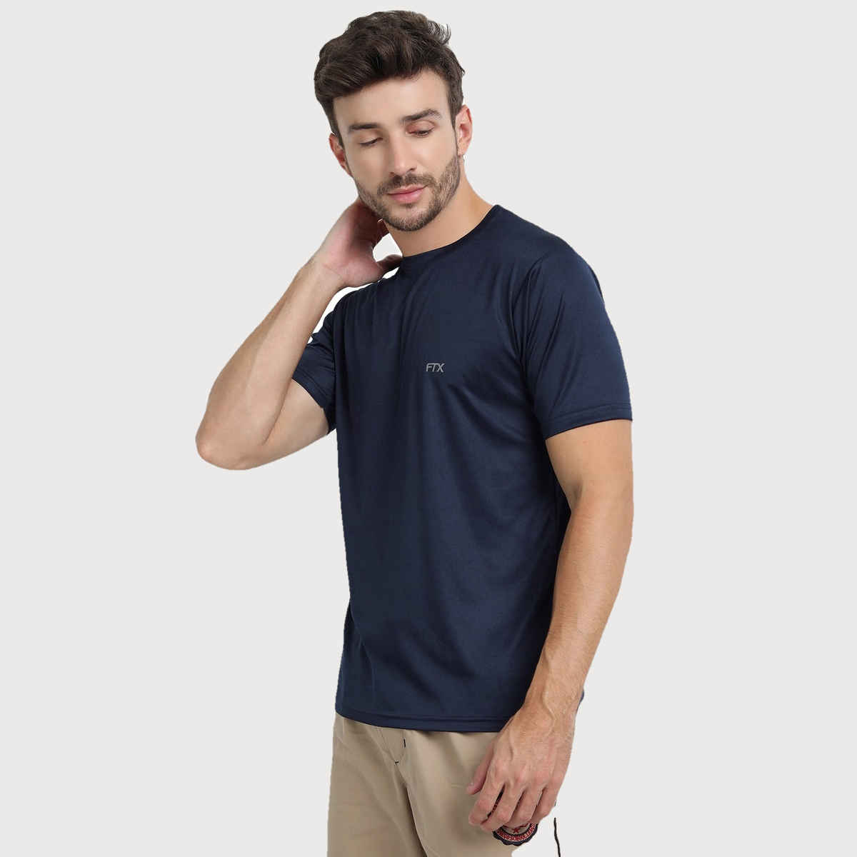 Ftx Men's Solid Round Neck Polyester Half Sleeve Casual T-shirt | Navy | M
