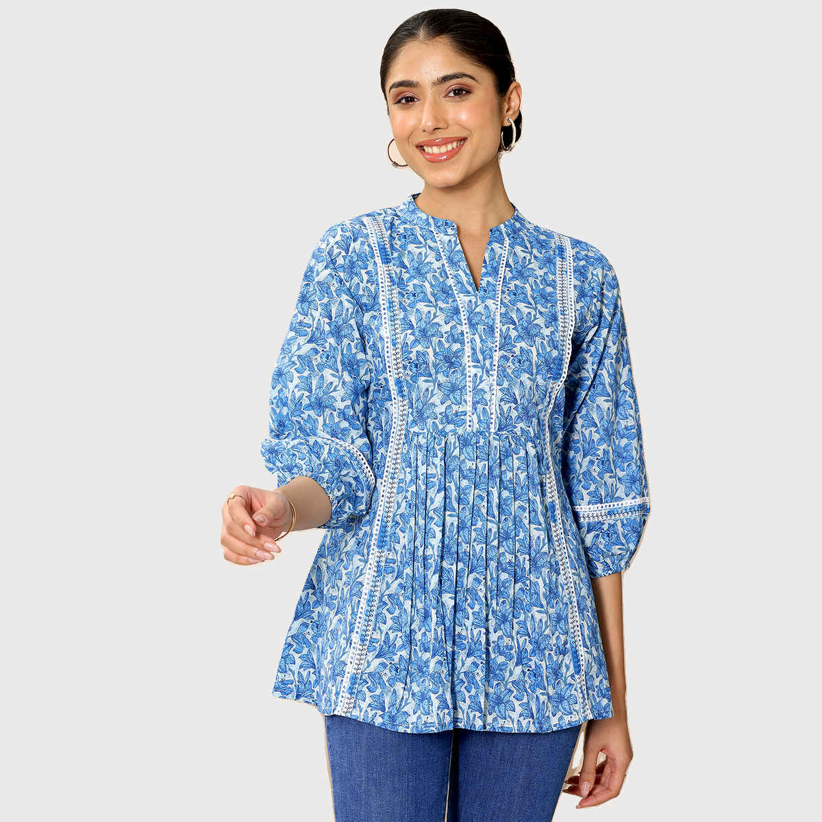 Libas Women's Printed Cotton A-line Short Kurti | Indigo - M