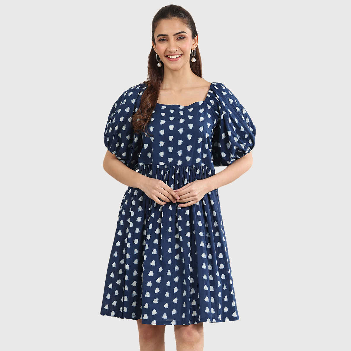 Libas Women's Printed Cotton Fit and Flare One Piece Dress | Indigo - S