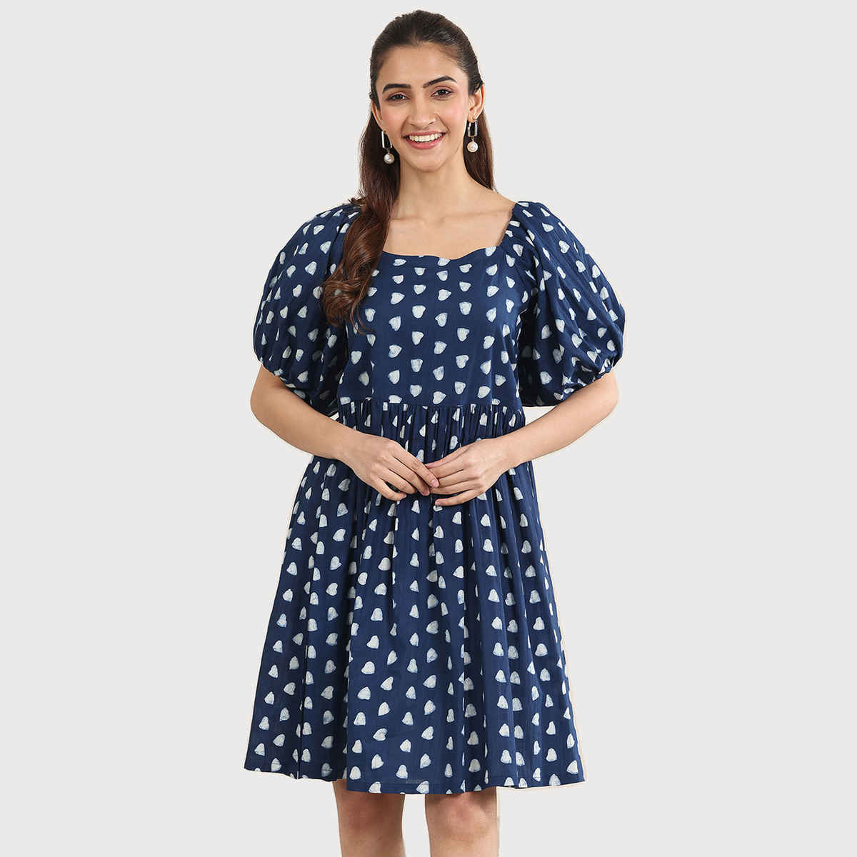 Libas Women's Printed Cotton Fit and Flare One Piece Dress | Indigo - M