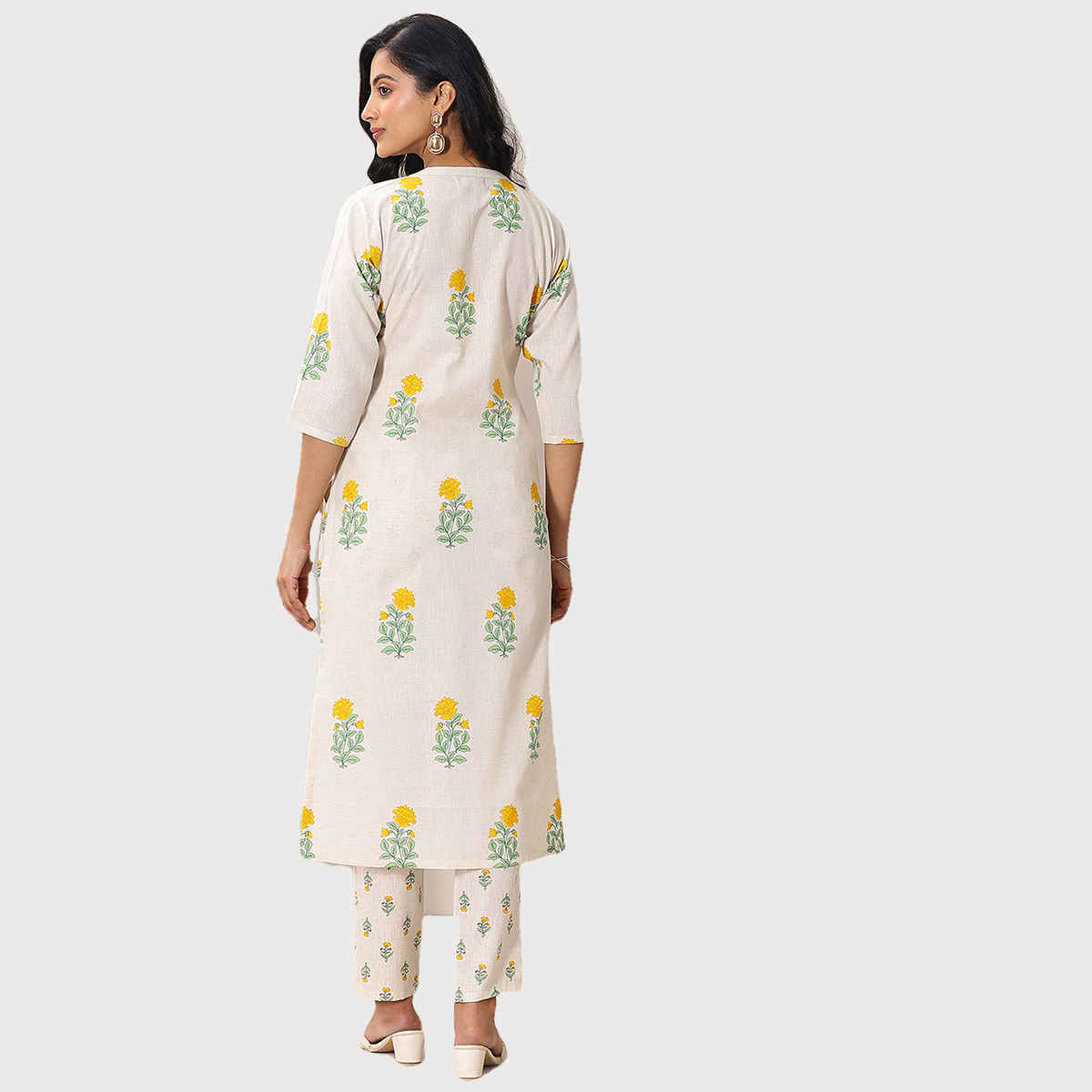 Libas Women's Printed Cotton Straight Kurta Set | Off white - M