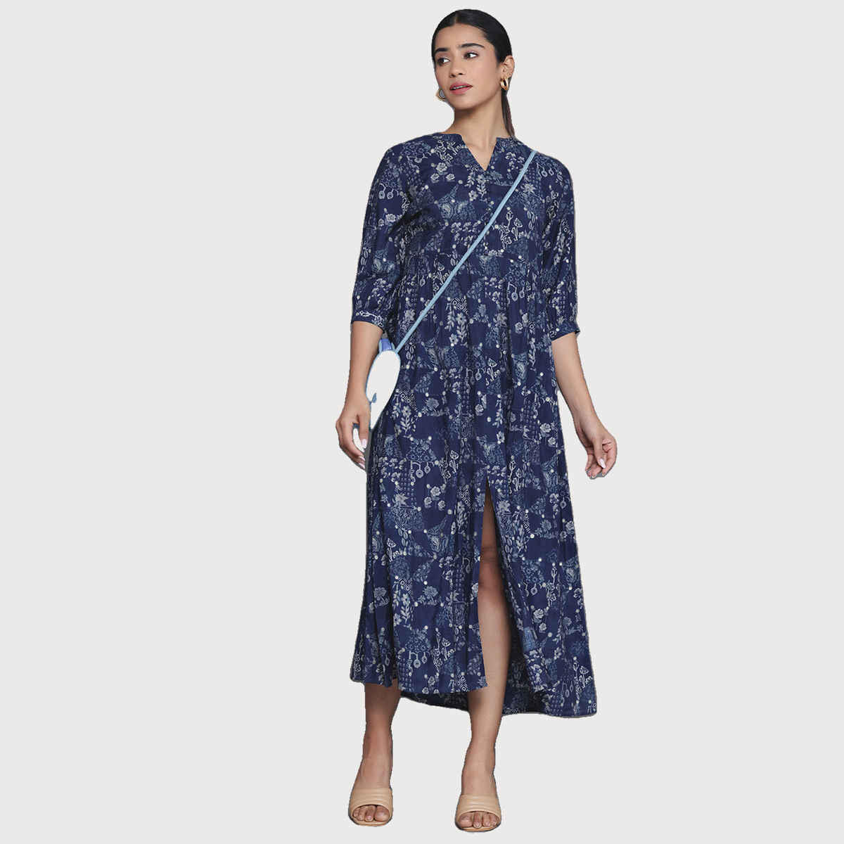 Libas Women's Printed Silk Fit and Flare Dress | Blue - L