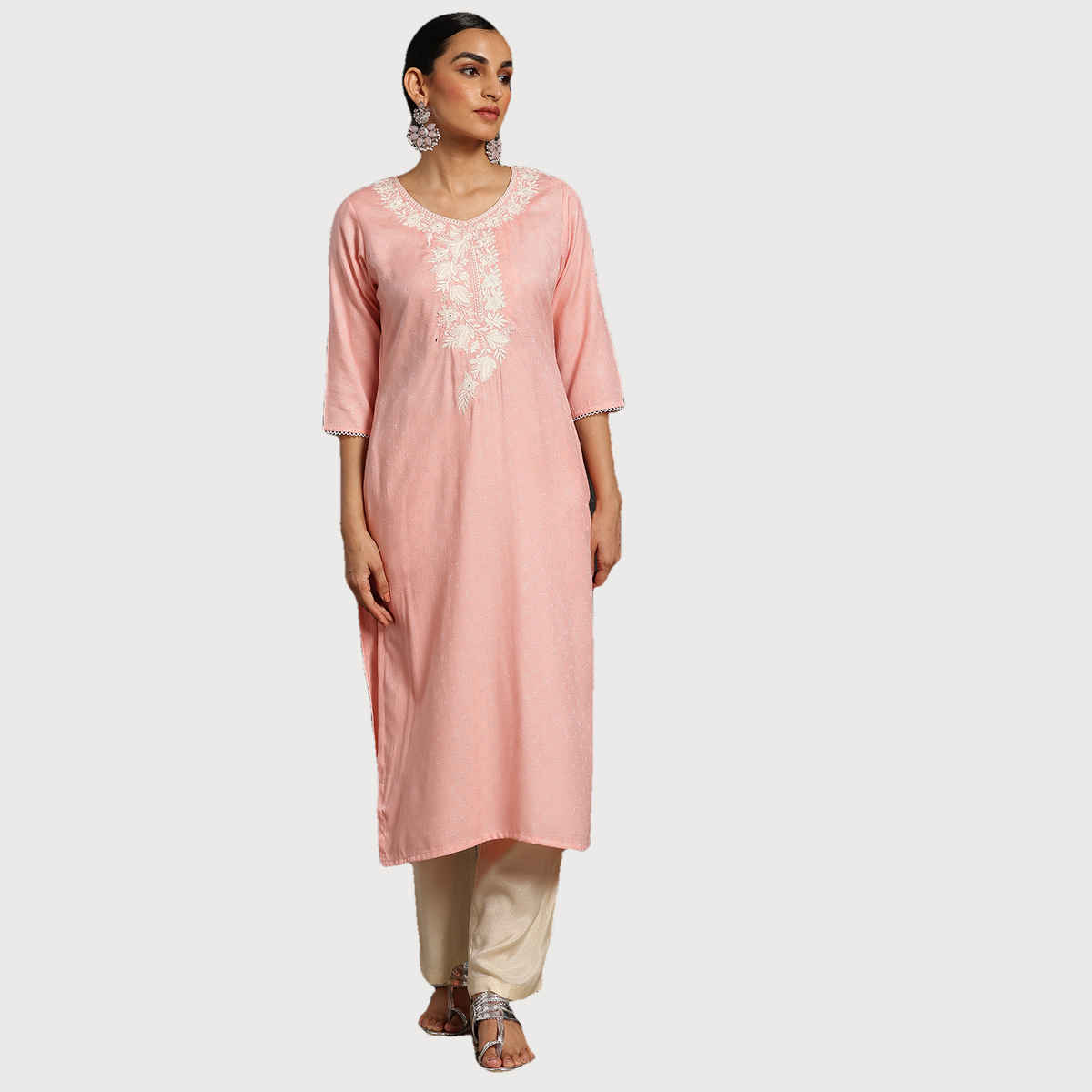 Libas Women's Yoke Design Rayon Straight Kurta | Pink - M