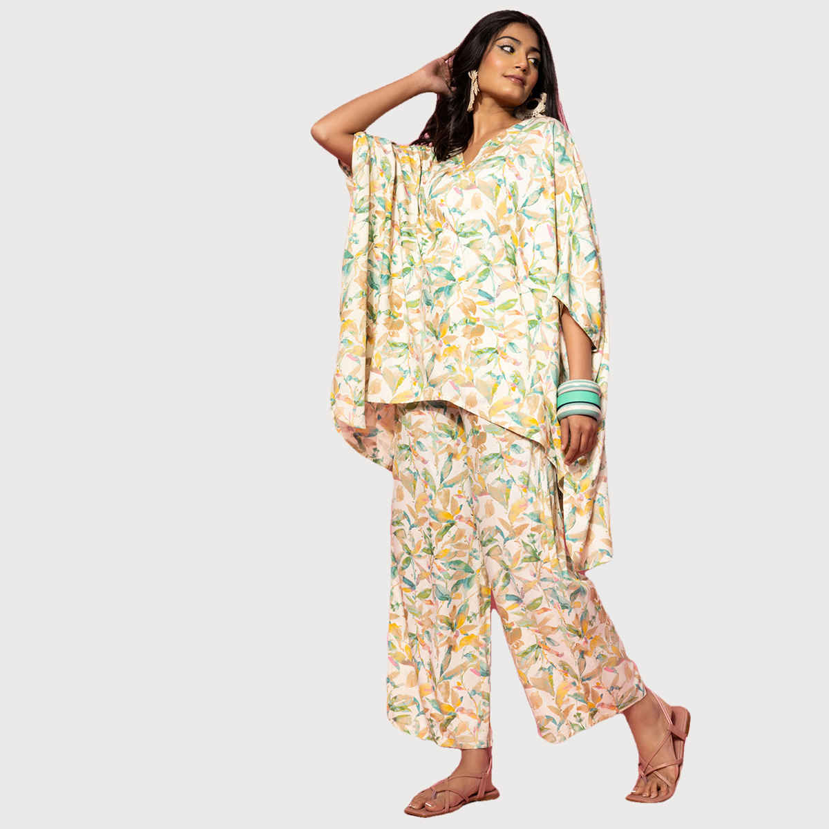 Libas Women's Printed Rayon Co-ords | Cream - M