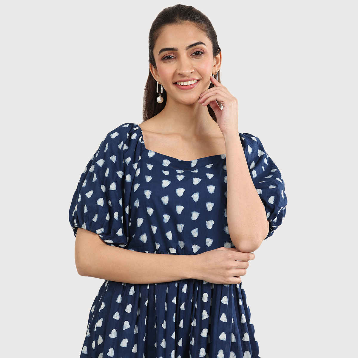 Libas Women's Printed Cotton Fit and Flare One Piece Dress | Indigo - L