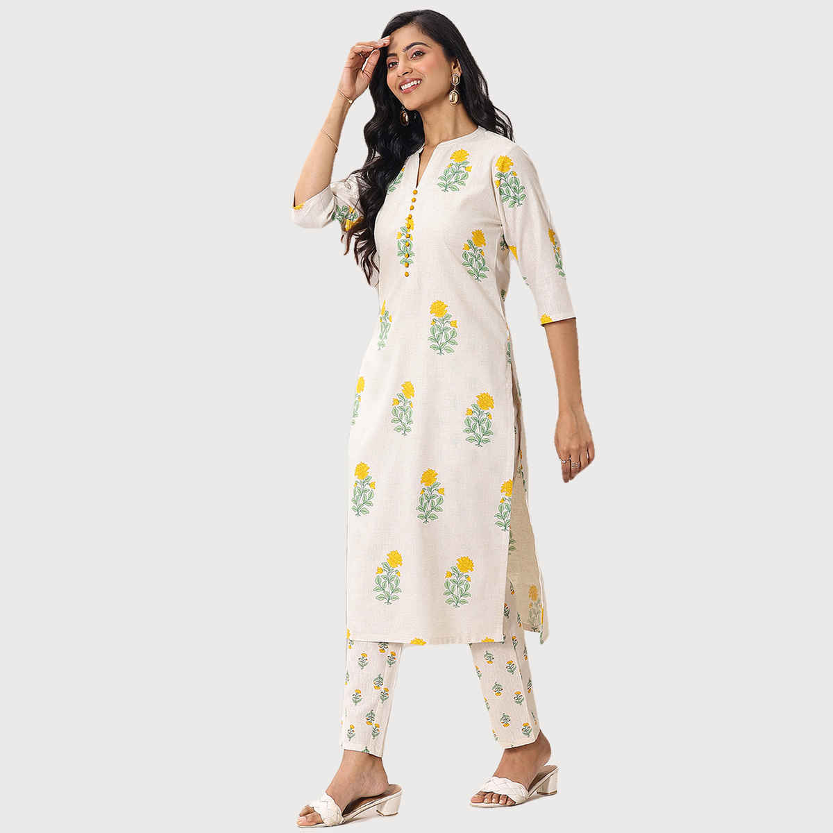 Libas Women's Printed Cotton Straight Kurta Set | Off white - M