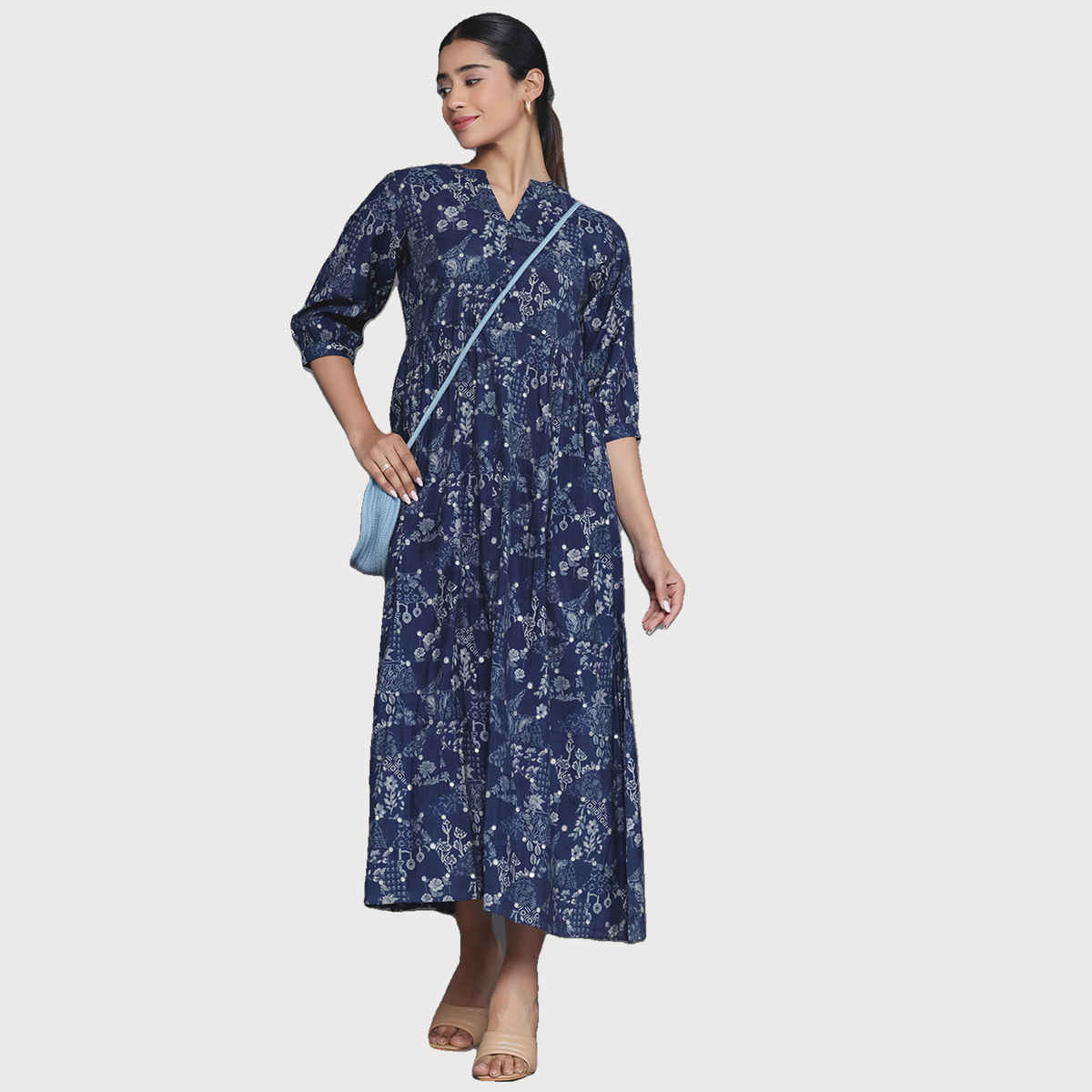 Libas Women's Printed Silk Fit and Flare Dress | Blue - L