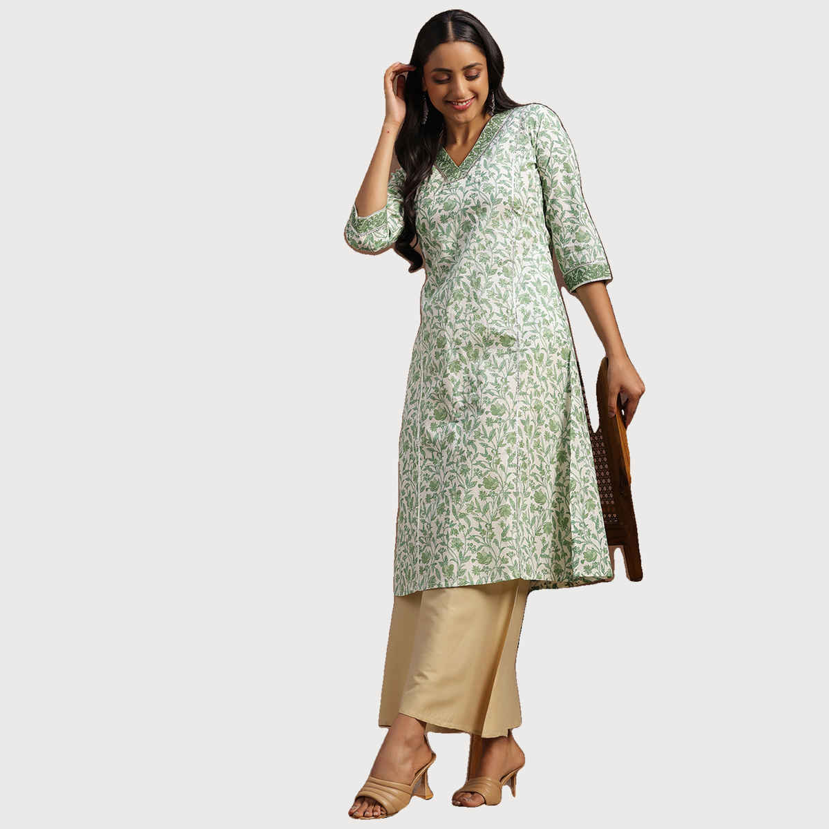 Libas Women's Printed Cotton Straight Kurta | Green - S