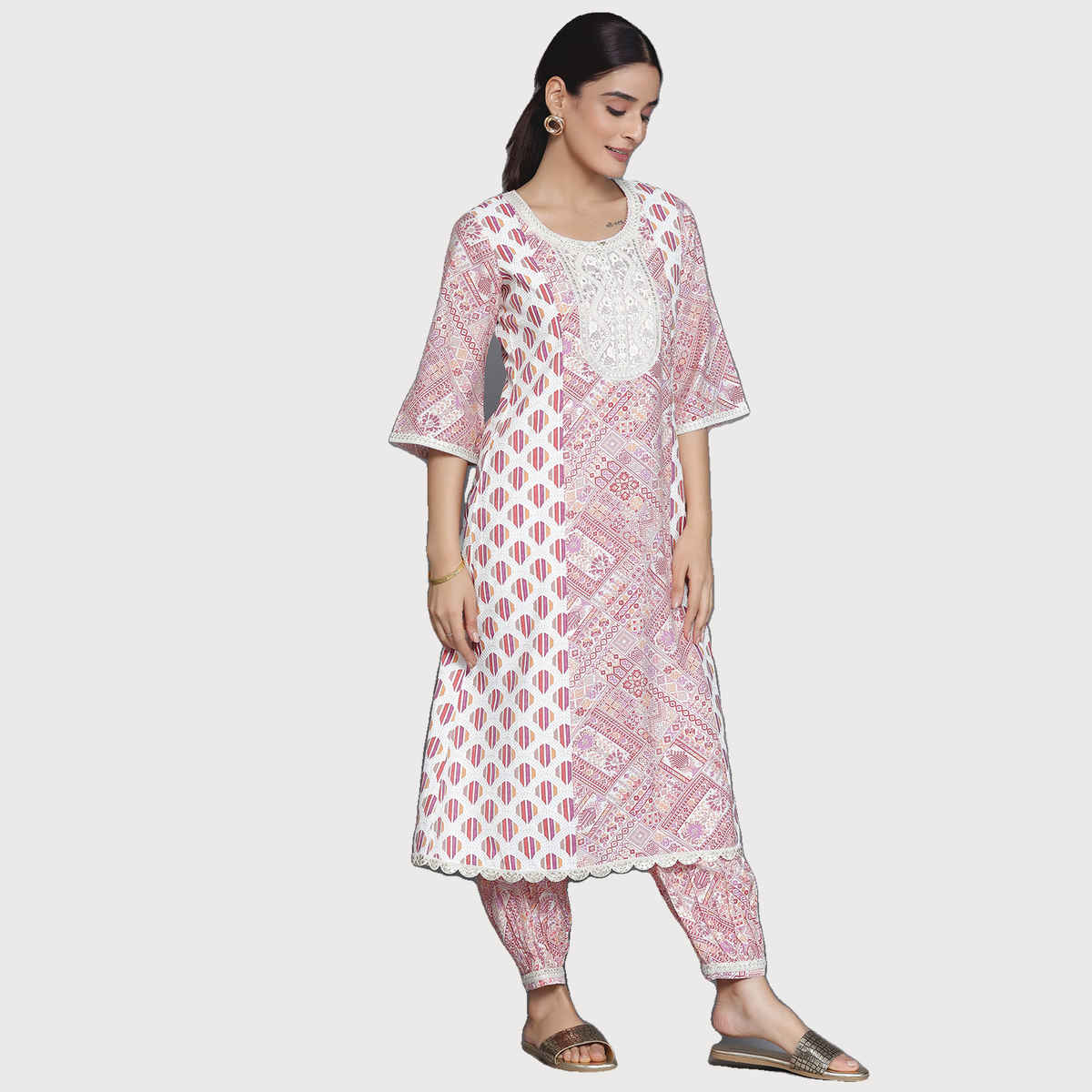 Libas Women's Printed Silk Blend A-Line Kurta with Salwar | Maroon - XL