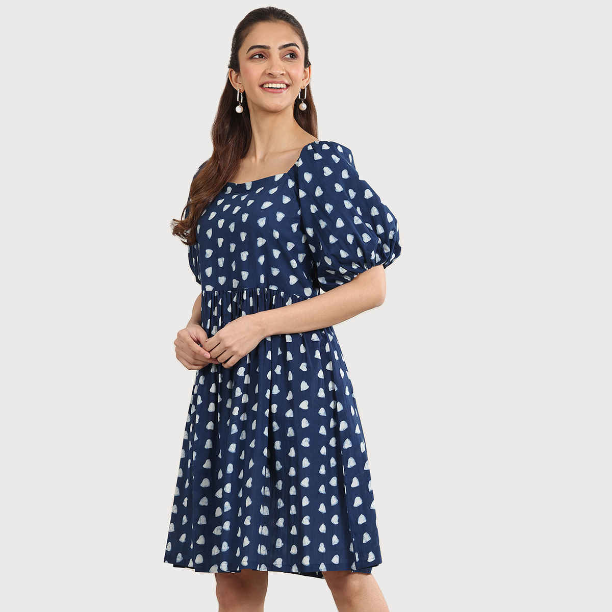 Libas Women's Printed Cotton Fit and Flare One Piece Dress | Indigo - L