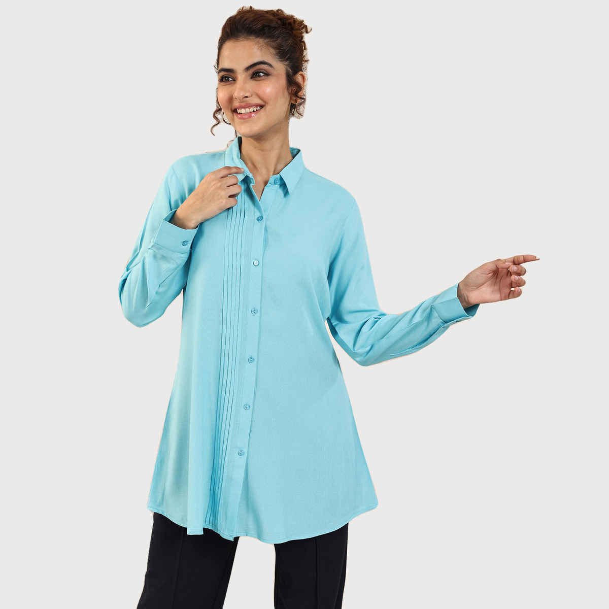 Libas Women's Solid Rayon Straight Short Kurti | Blue - M