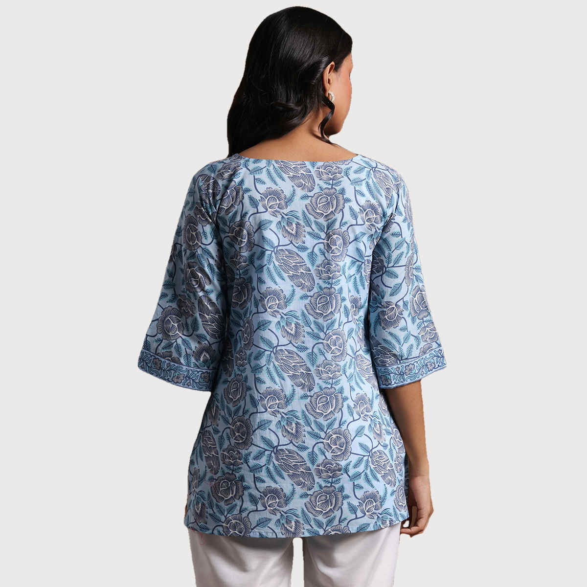 Libas Women's Printed Cotton Straight Kurti | Blue - L