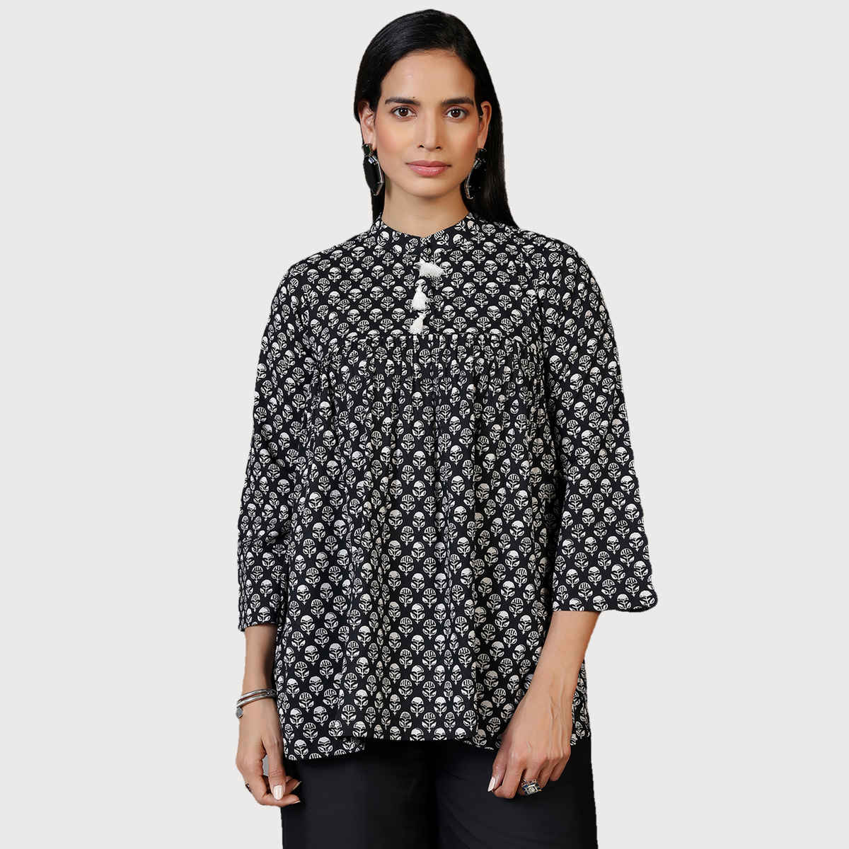 Libas Women's Printed Cotton A-Line Kurti | 29065 29065 | Black - S