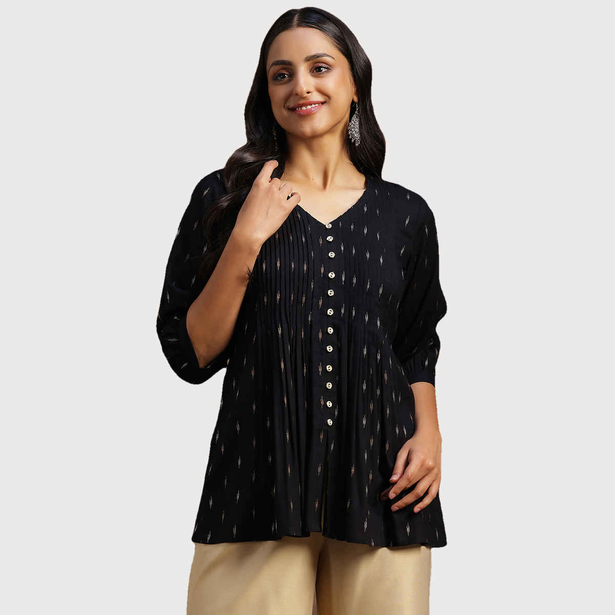 Libas Women's Zari Woven Design A-Line Pleated Kurti with Pintuck Detail | 29133 | Black - XL