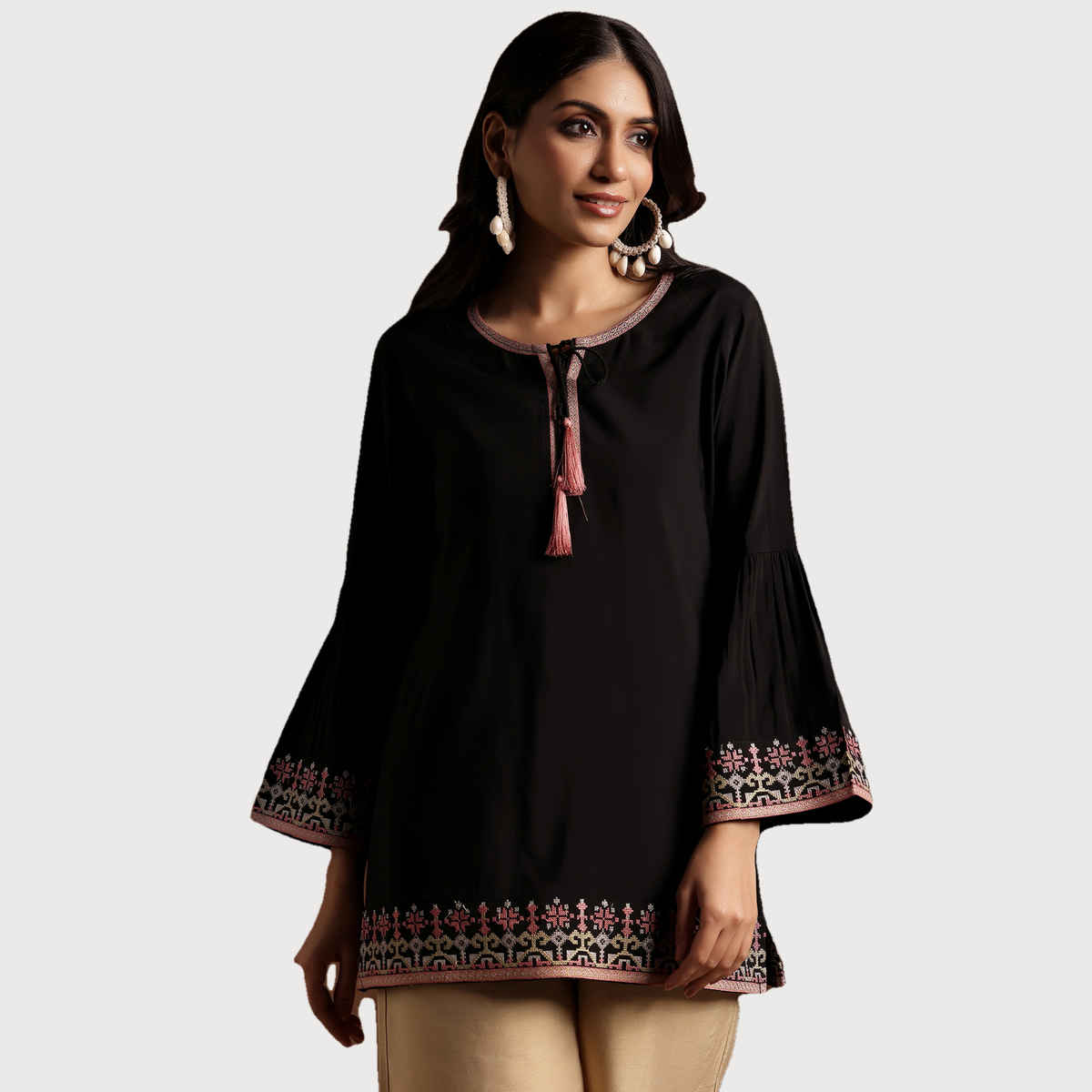 Libas Women's Ethnic Motif Embroidered Straight Kurti | 29180O | Black - M