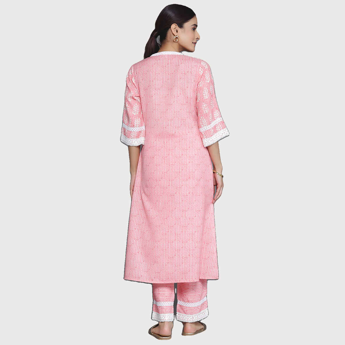 Libas Women's Printed Cotton Blend A-Line Kurta with Trousers | Peach - M