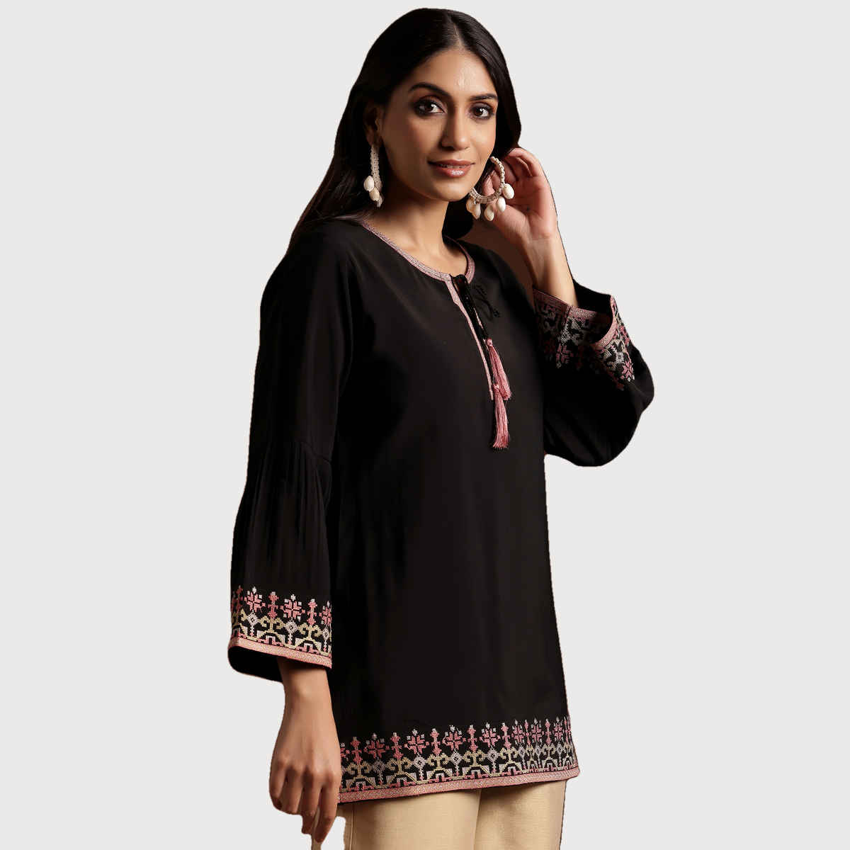 Libas Women's Ethnic Motif Embroidered Straight Kurti | 29180O | Black - M