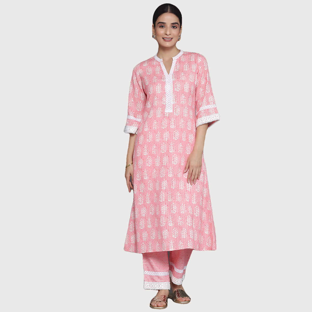 Libas Women's Printed Cotton Blend A-Line Kurta with Trousers | Peach - M