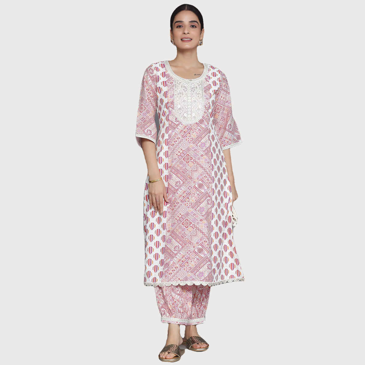 Libas Women's Printed Silk Blend A-Line Kurta with Salwar | Maroon - XL