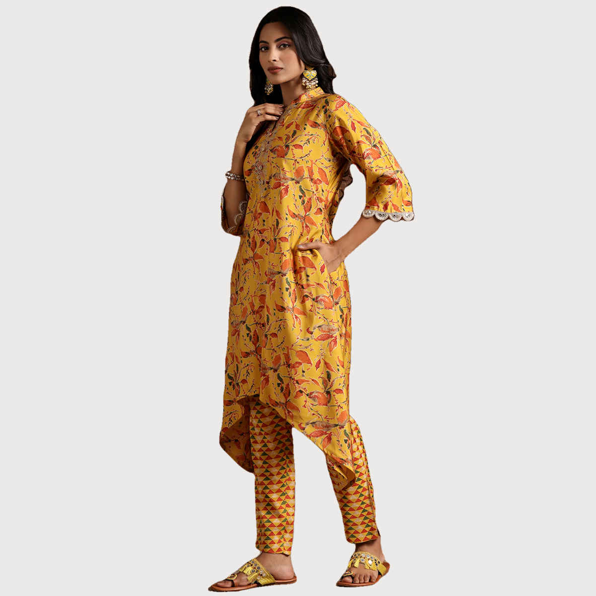 Libas Women's Printed Silk Blend A-Line Kurta with Trousers | Mustard - XL